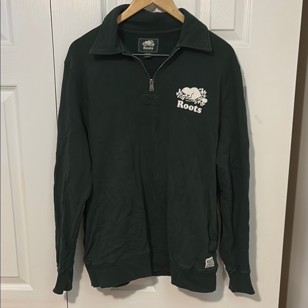 Roots Men's Dark Green Half-Zip Sweatshirt with White Logo